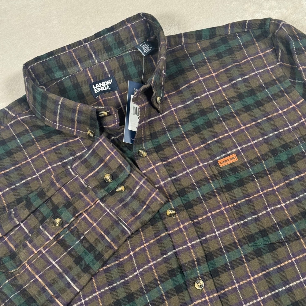 Lands End Flannel Shirt Mens XXL Olive Green Plaid Long Sleeve Button Down